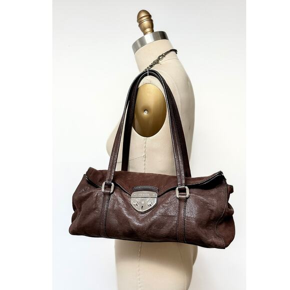 Prada Chocolate Brown Leather Cervo Antik Easy Foldover Pushlock Shoulder Purse - Picture 1 of 14
